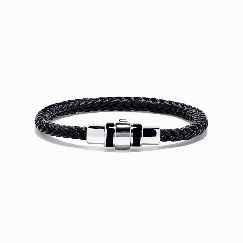 Black Braided Leather Bracelet with Stainless Steel Clasp